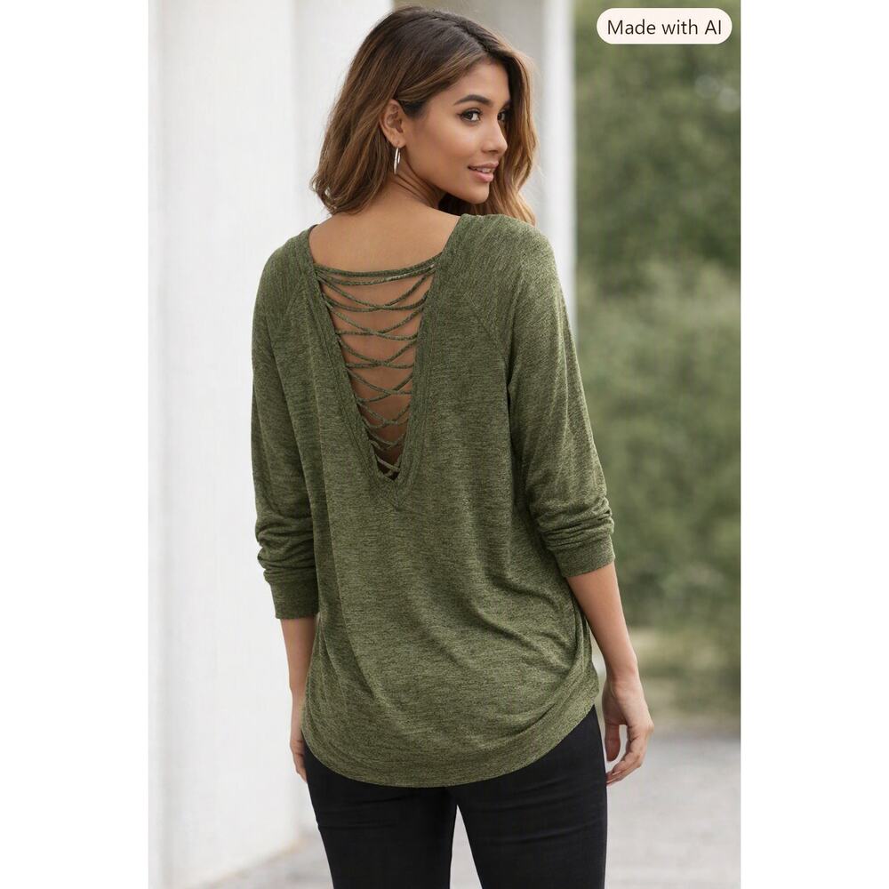 Express Lace-up back Circle Hem Slub Knit Top Oversized Size M Olive Green